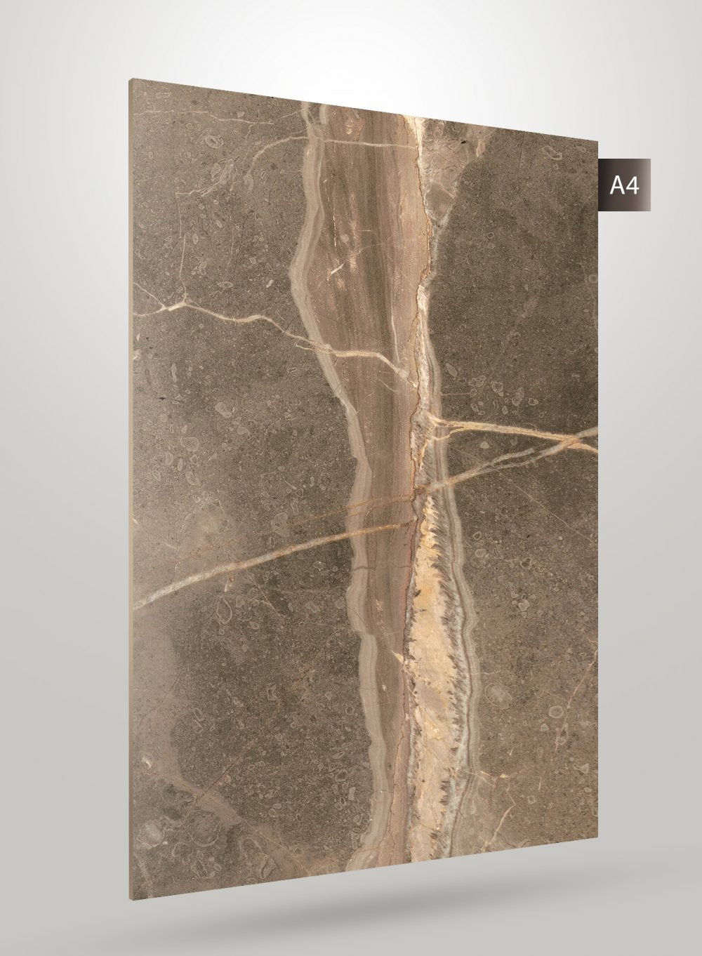 Brown marble laminate with beige veining and matte finish, showcasing a natural stone pattern and texture.