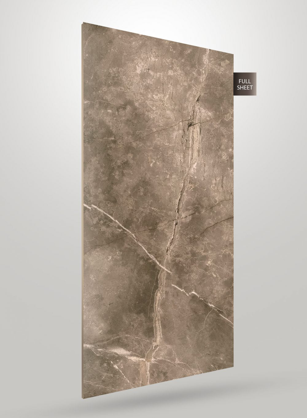 Brown marble laminate sheet with veining pattern and matte finish, shown as full sheet with visible texture and natural