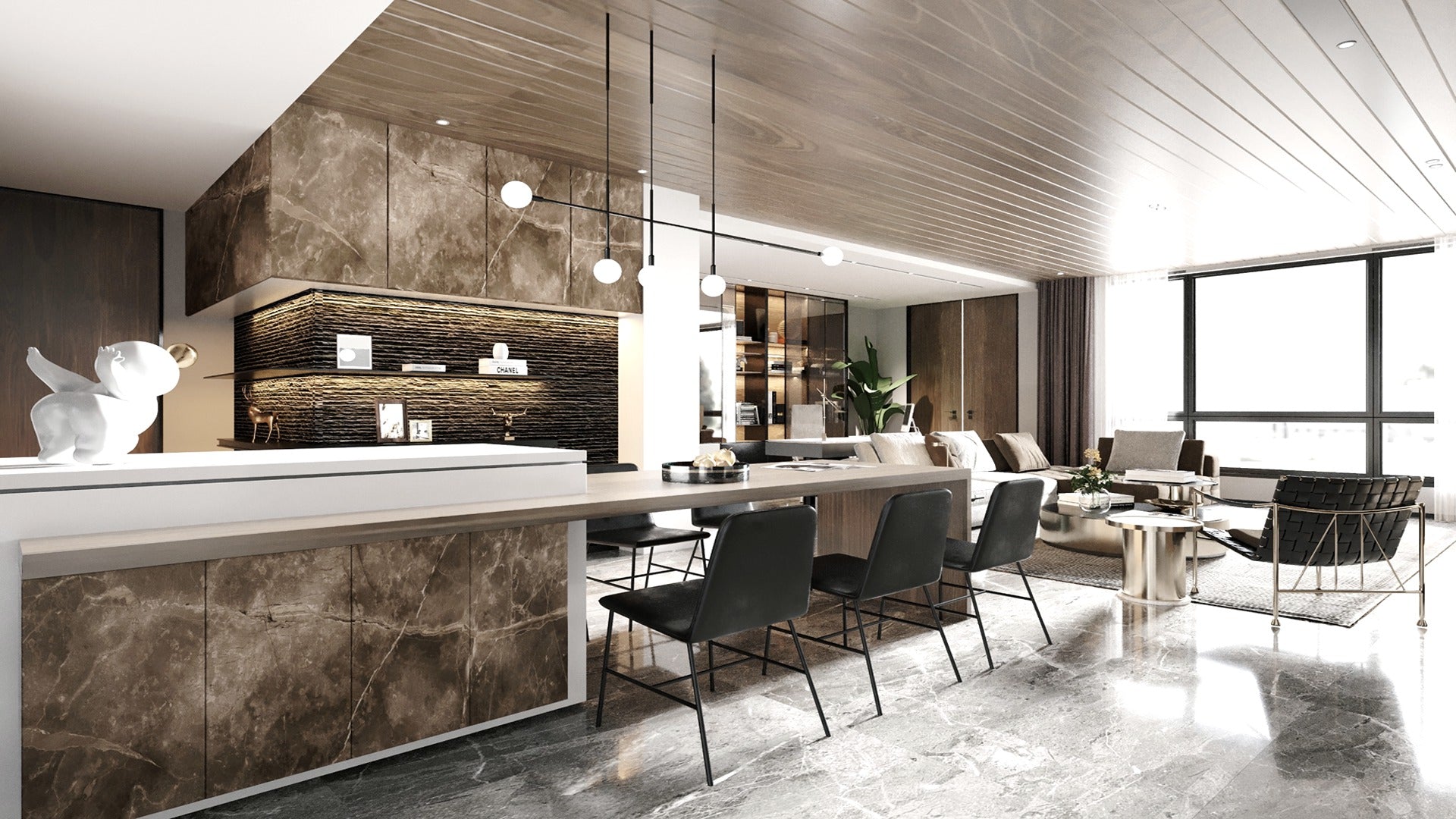 Brown marble laminate wall and countertop with veining in modern living space with minimalist decor and sleek furniture.
