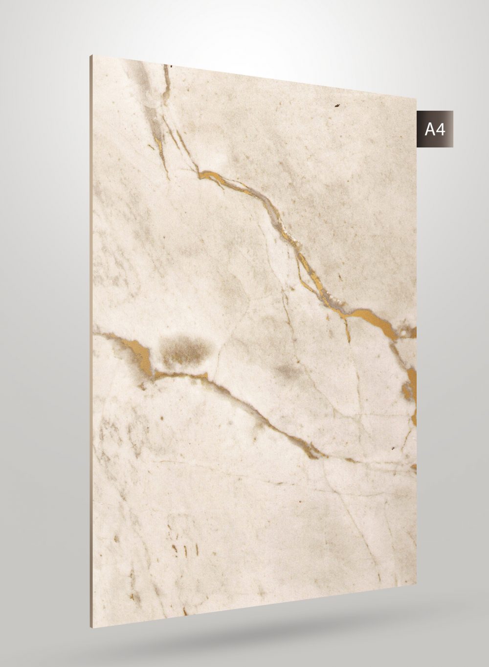 Beige marble laminate sheet with gold veining and matte finish, displaying a natural stone pattern and texture.