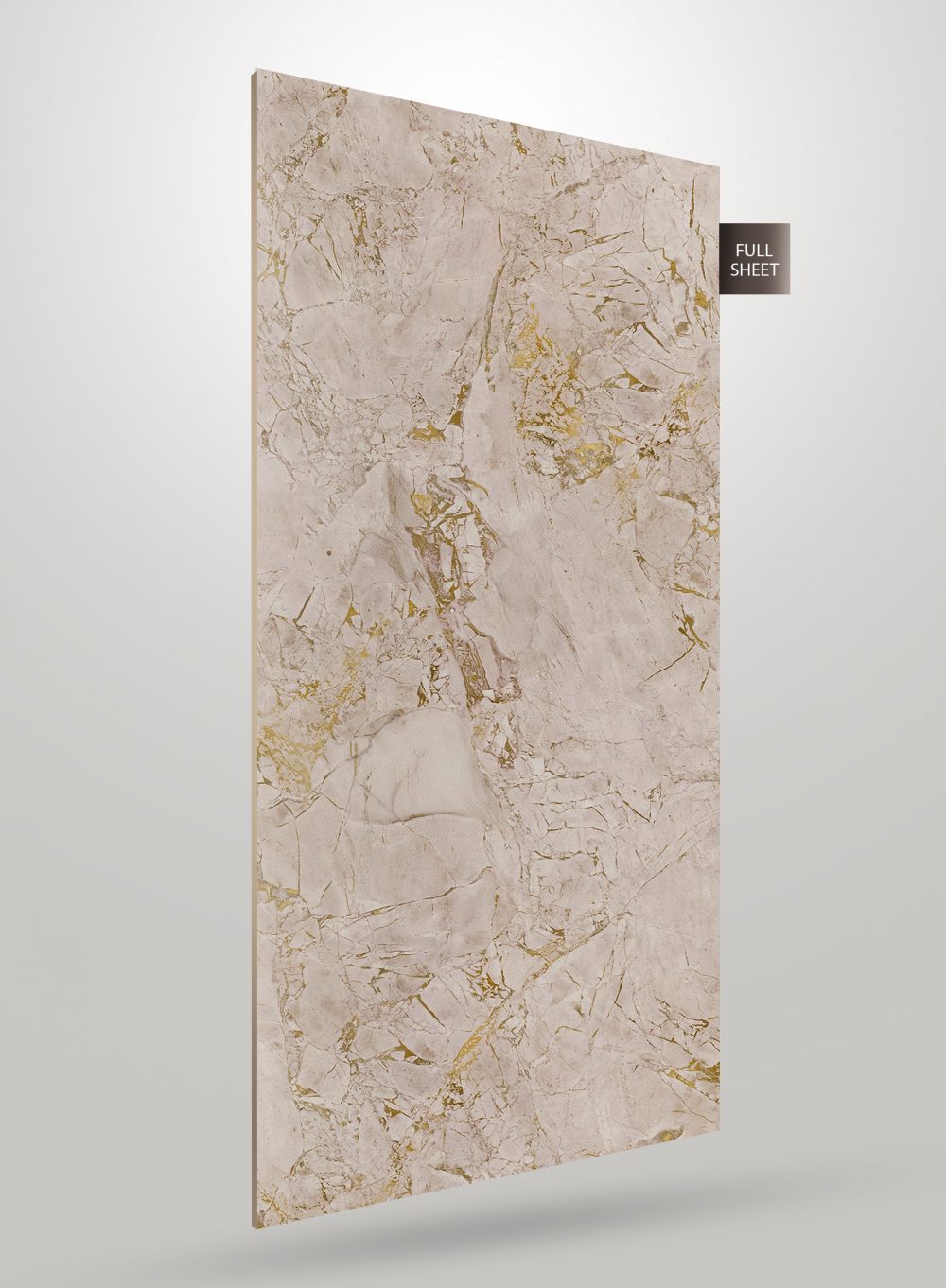 Beige marble laminate sheet with gold veining and matte finish, shown as full sheet with visible texture and pattern.