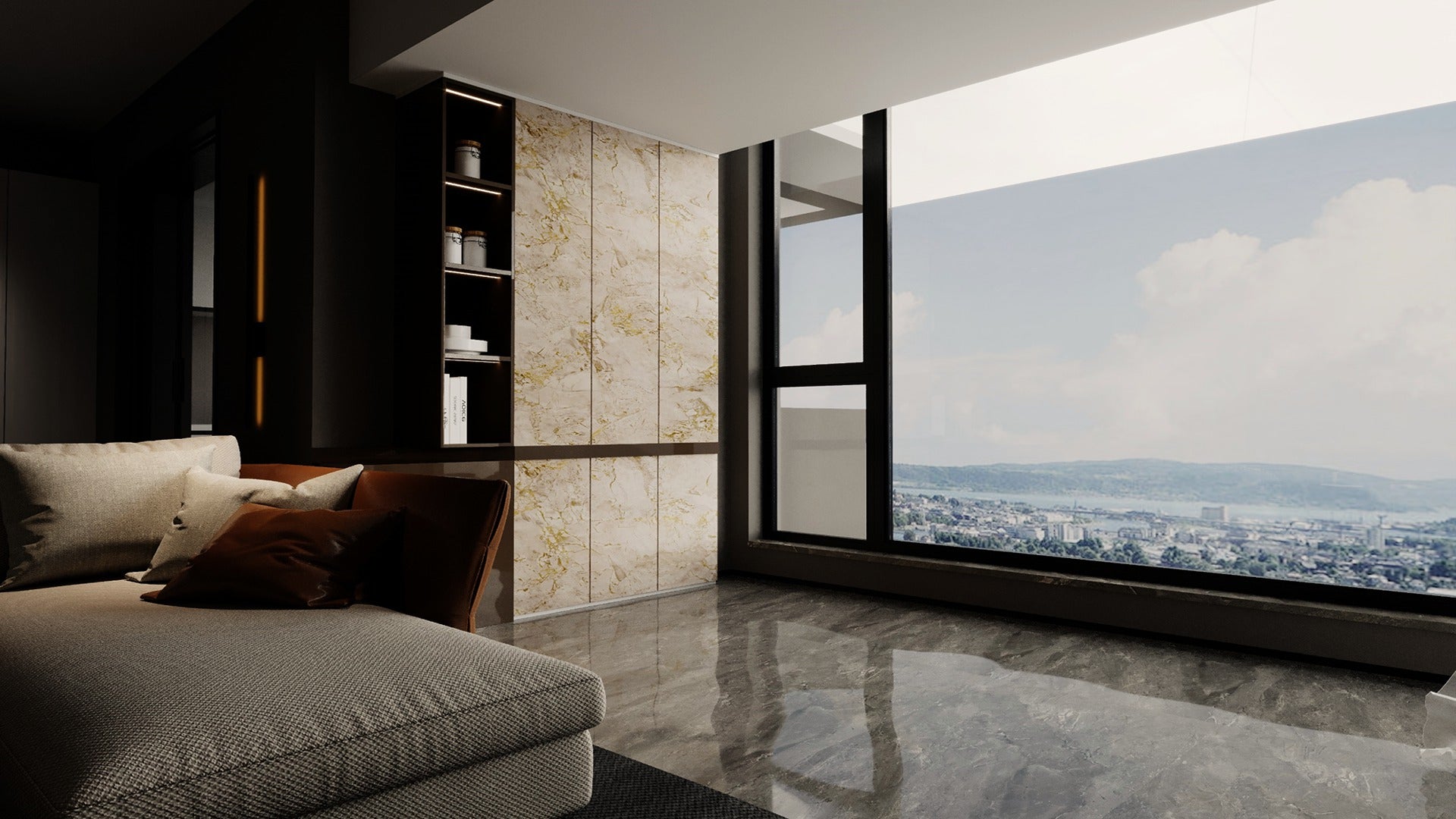 Beige marble laminate wall panel with gold veining in modern room with city view through large window