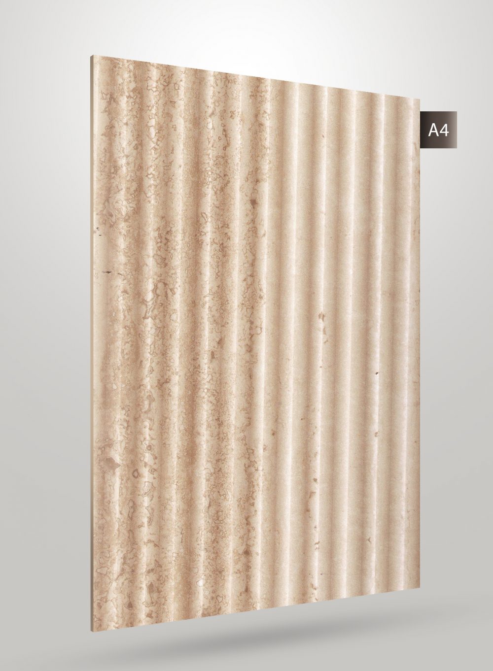 Beige marble laminate sheet with matte finish and embossed texture, showing vertical ridges and marble pattern.