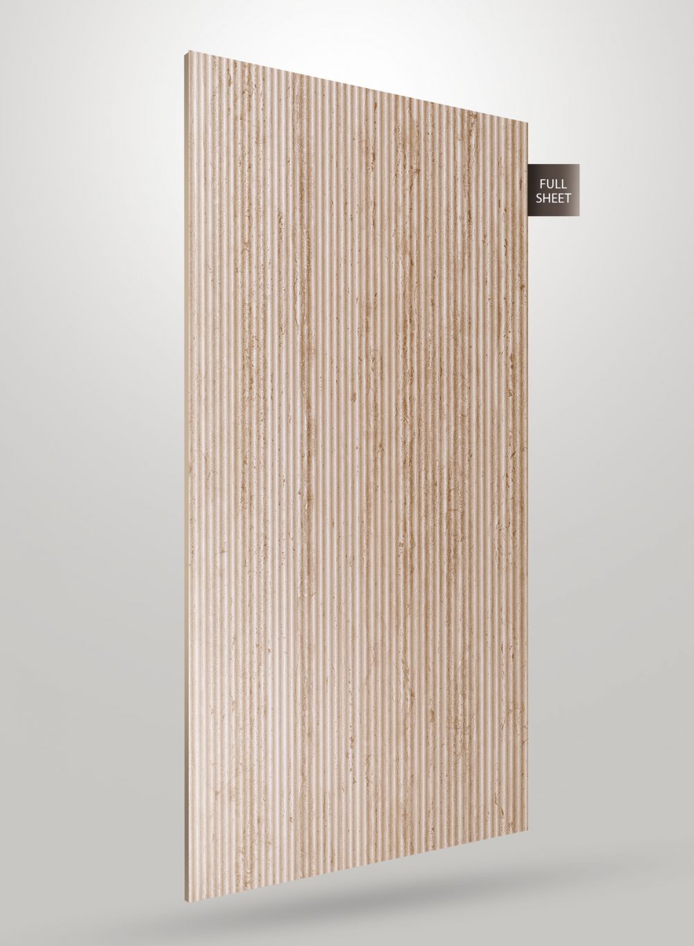 Beige stone laminate sheet with vertical pattern and matte finish, labeled full sheet on a light gray background.