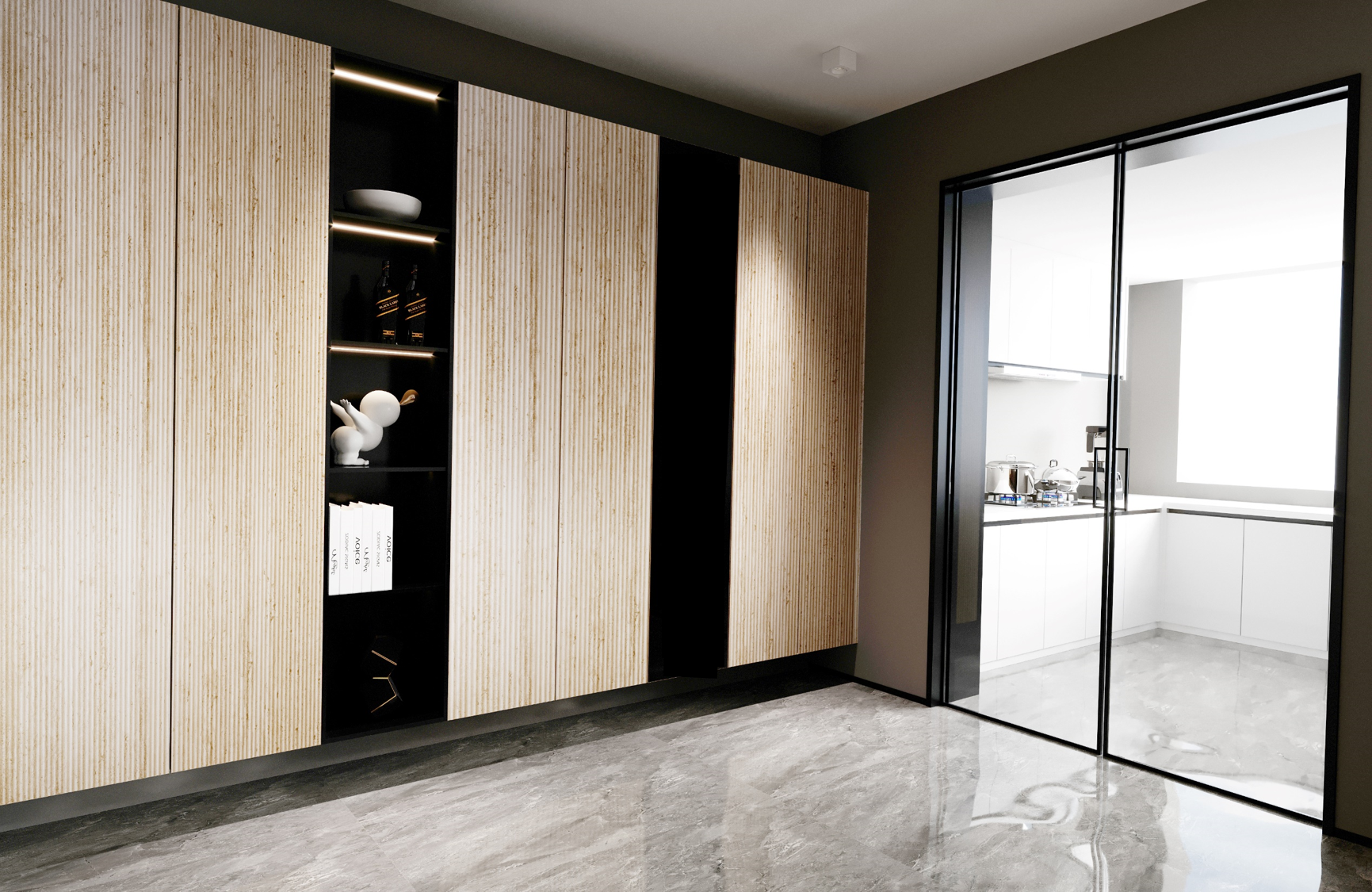 Beige textured laminate wall with vertical grain pattern in modern room with glass door and kitchen visible inside