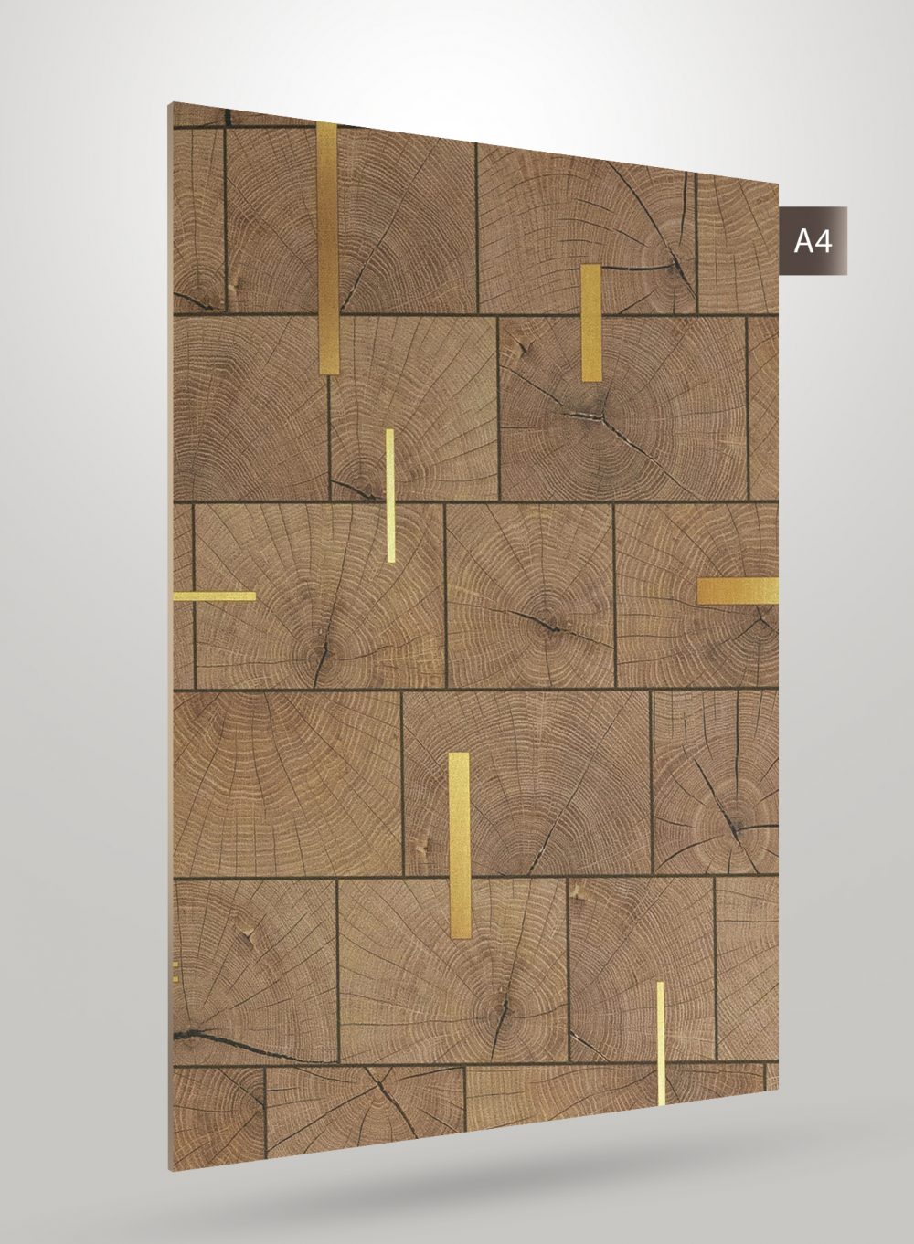 Brown patterned laminate with tree ring design and gold accents, matte finish, decorative interior laminate sample.