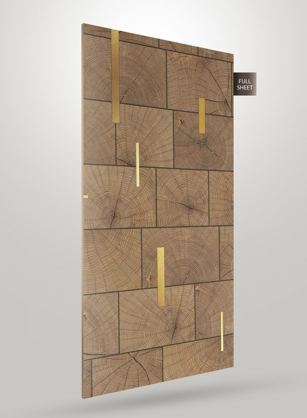 Brown patterned laminate sheet with wood grain texture and gold accents, matte finish, decorative interior material design.