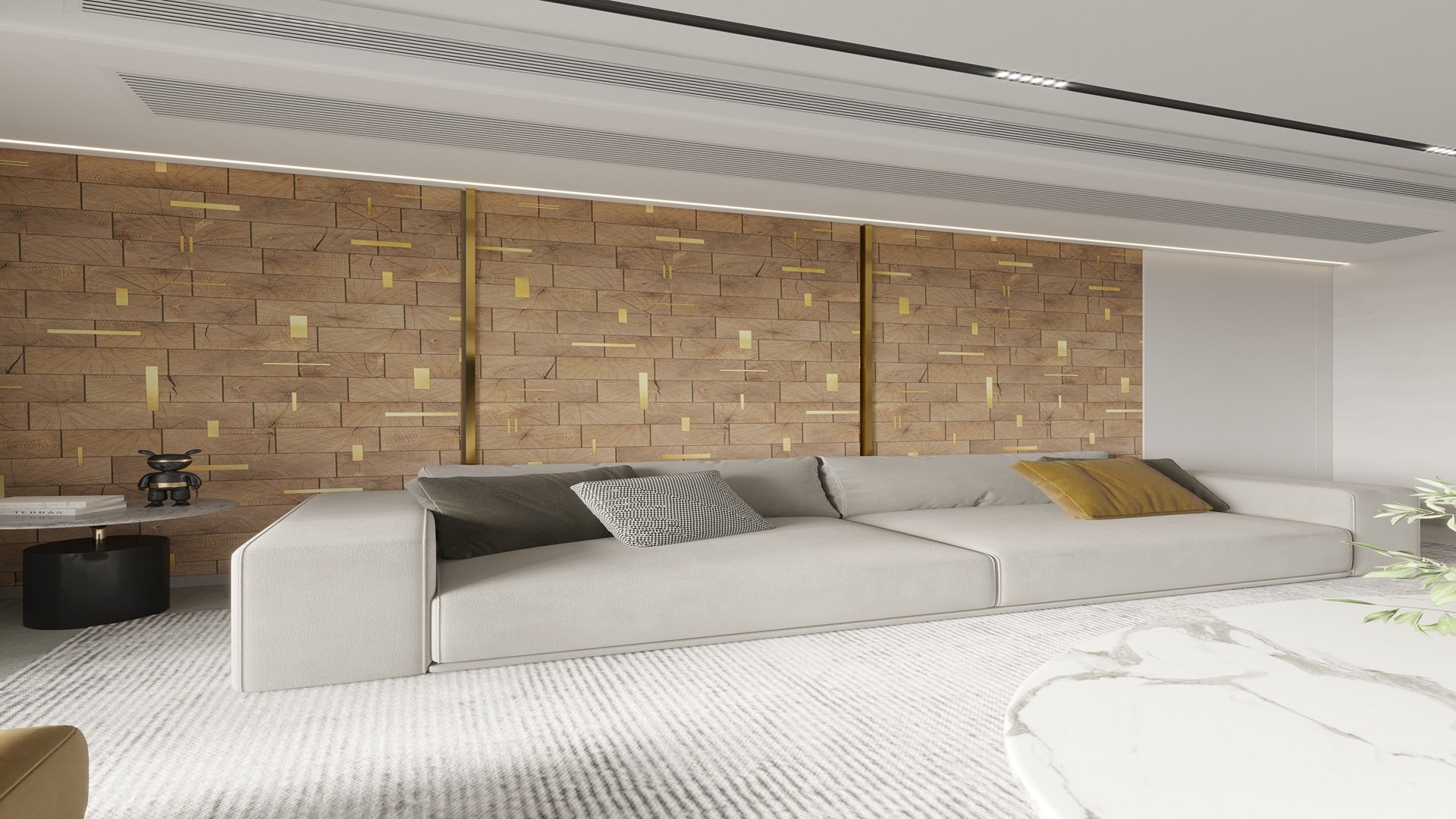 Brown patterned laminate wall with gold accents in modern living room interior design setting with minimalist furniture and