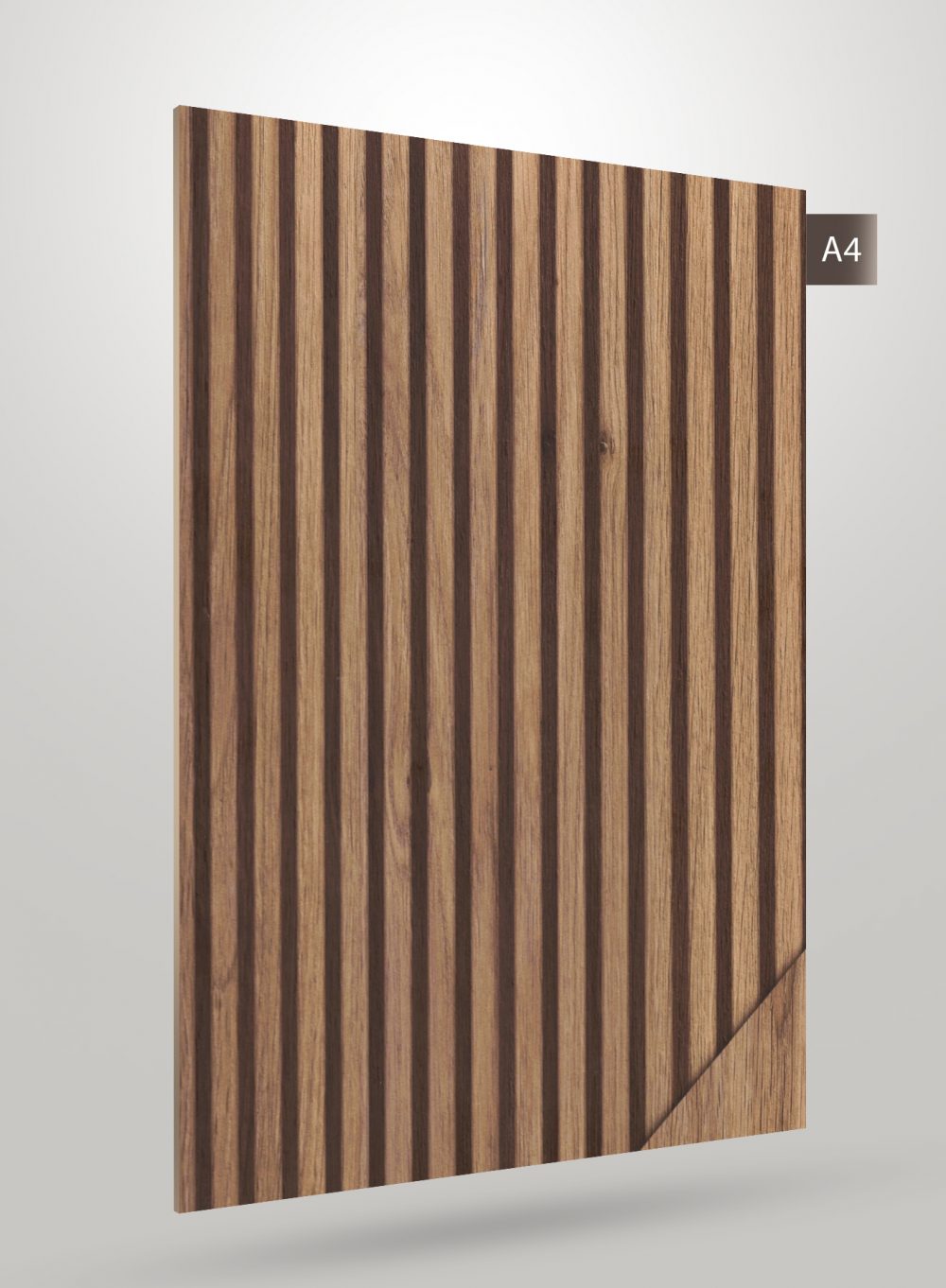 Brown wood grain decorative laminate with vertical stripes and matte finish, showing texture and grain details.