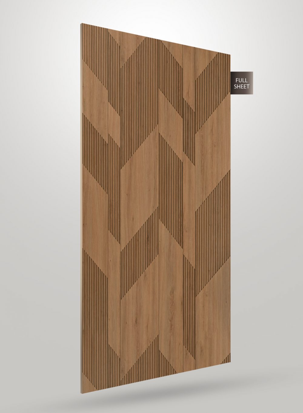 Brown wood laminate with geometric pattern and matte finish, featuring chevron design and textured details on a full sheet.