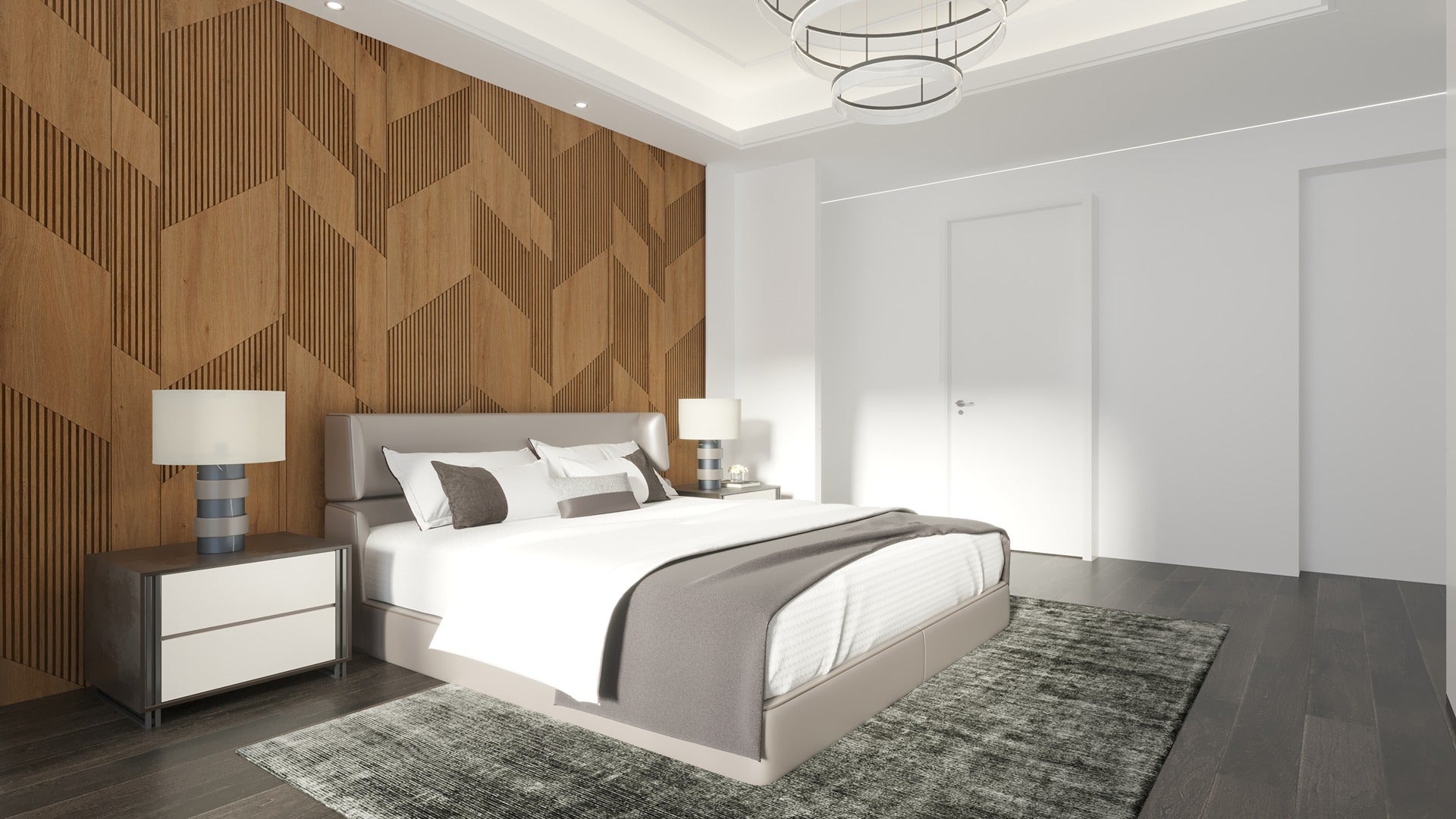 Brown wood laminate wall with geometric pattern in modern bedroom interior with bed and nightstands