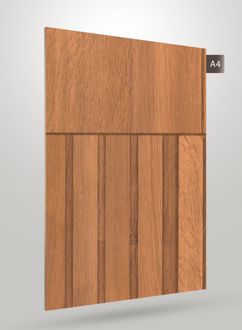 Brown wood grain decorative laminate with matte finish and vertical panel design on lower half, showing wood texture.