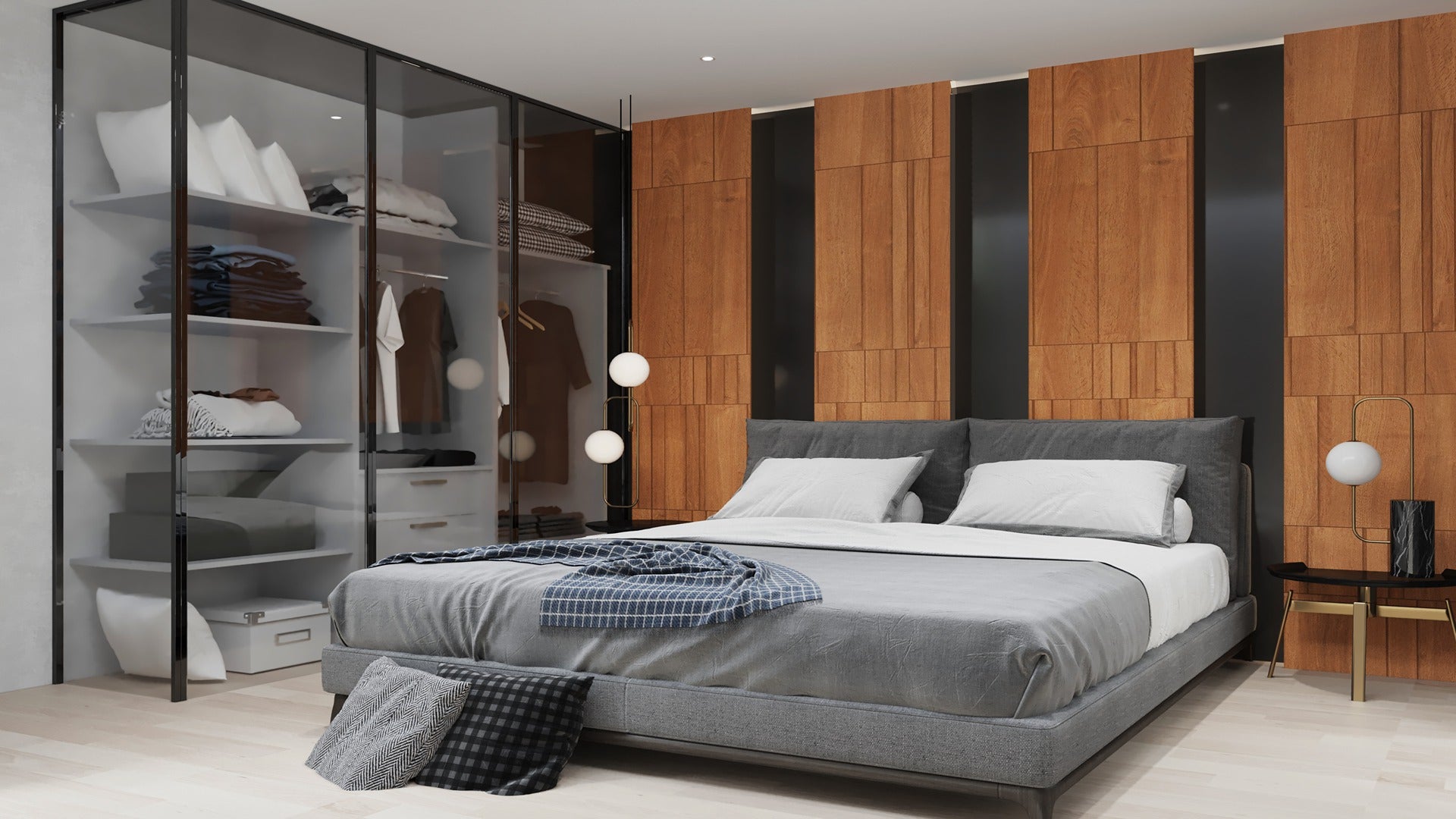 Brown wood laminate wall panels with matte finish and wood grain texture in a modern bedroom setting