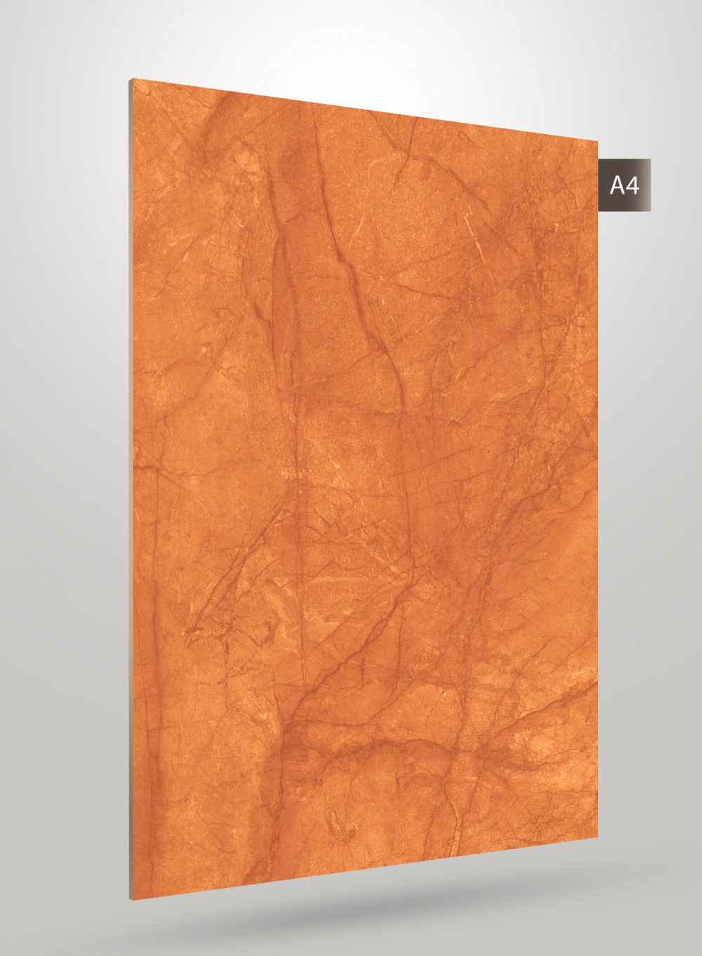Orange marble laminate with matte finish and cracked pattern texture, decorative laminate sheet for interior use.