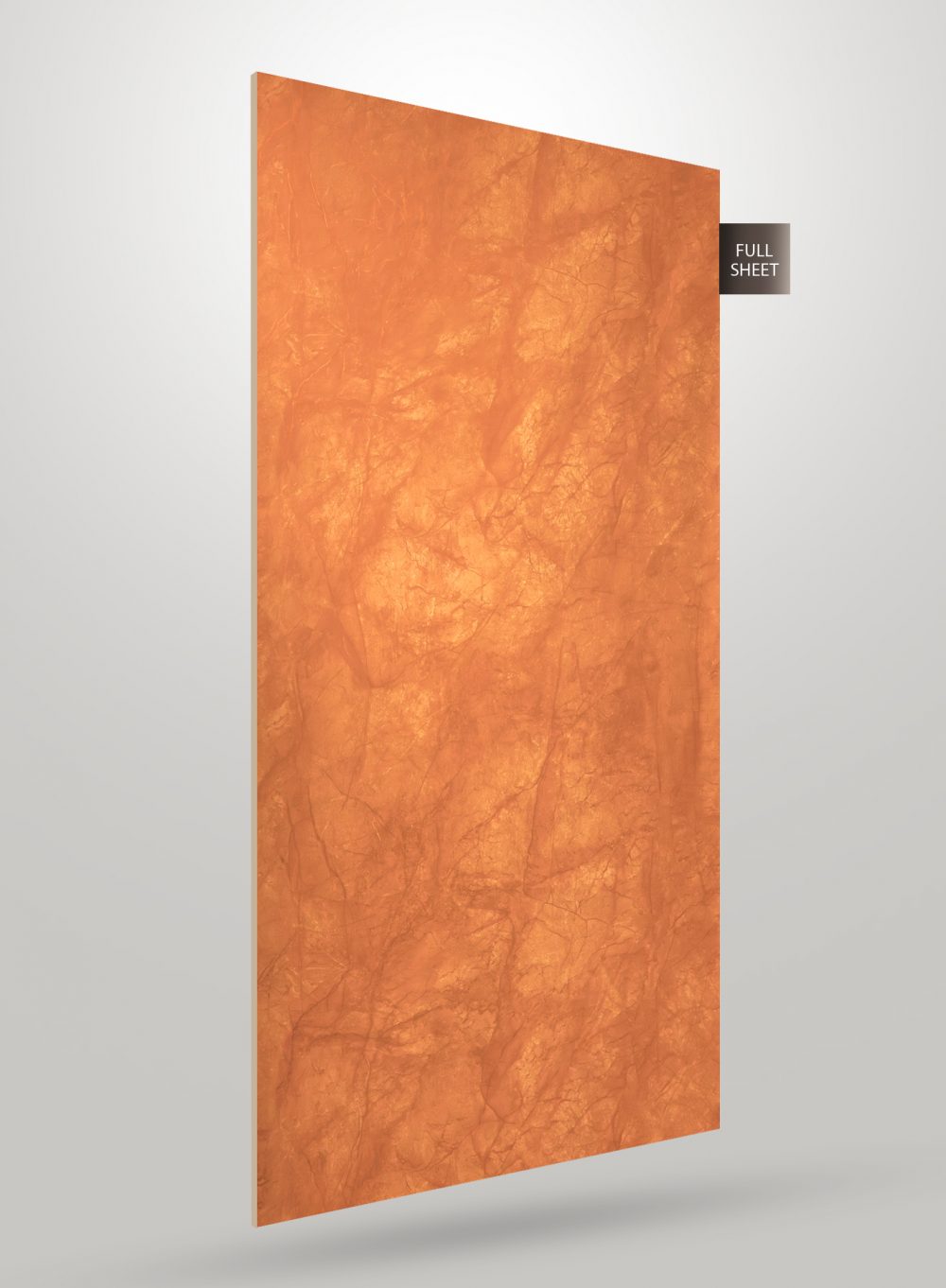 Orange marble laminate sheet with matte finish and textured pattern, labeled full sheet on a gray background.