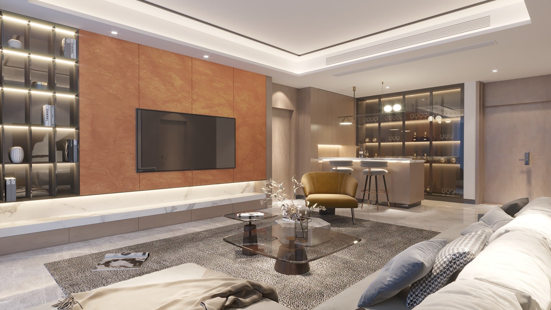 Orange marble laminate wall panel with matte finish in modern living room with sleek furniture and minimalist decor