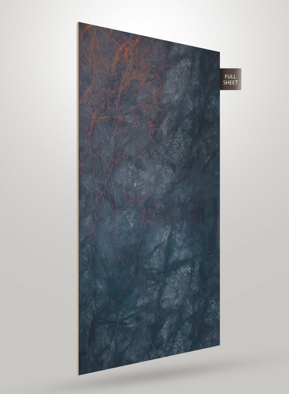 Blue marble laminate sheet with red veins and matte finish, displayed as full sheet against a white background.