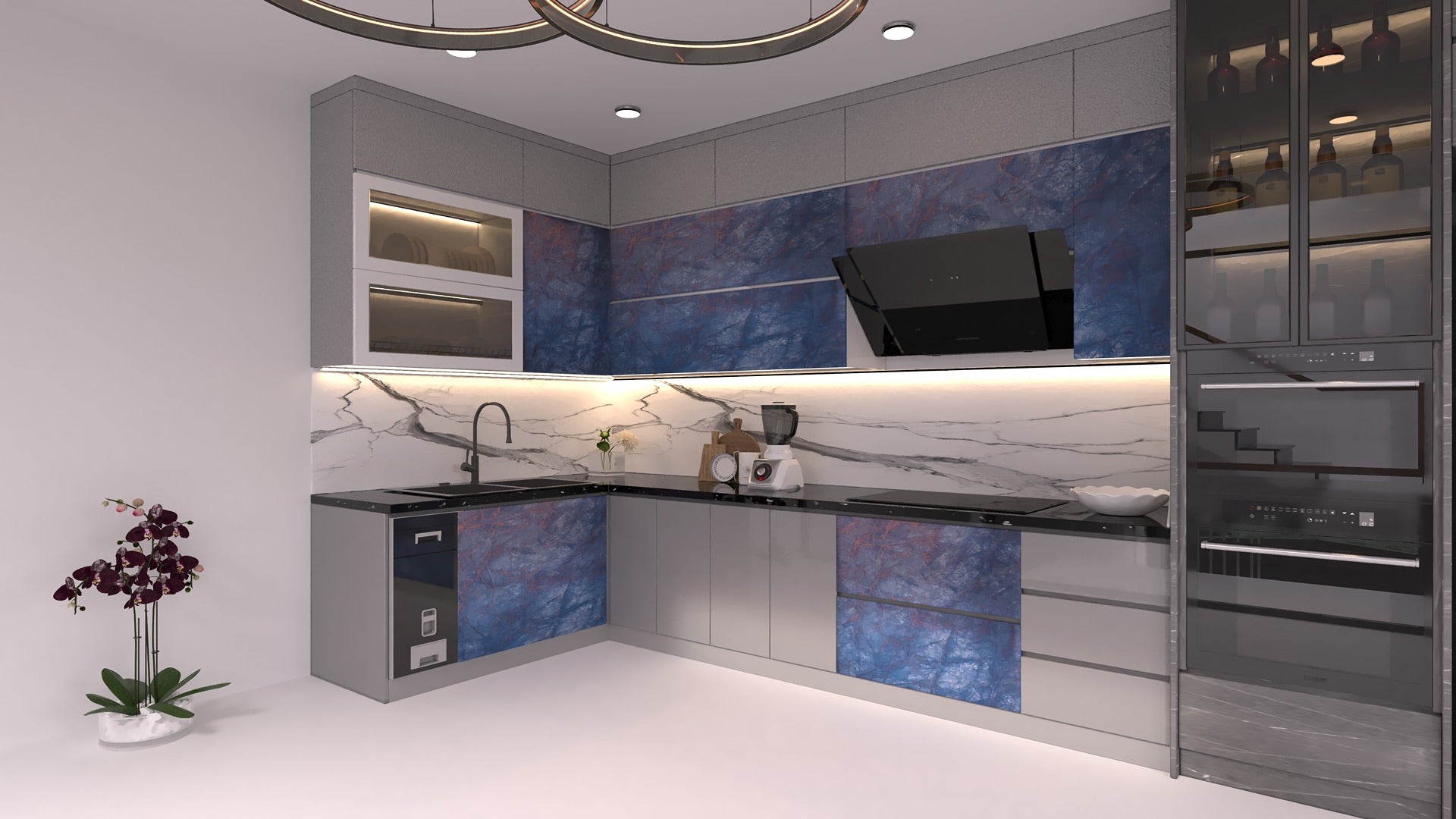 Blue marble laminate kitchen with matte finish, veined pattern, and gray cabinets, showcasing modern interior design with
