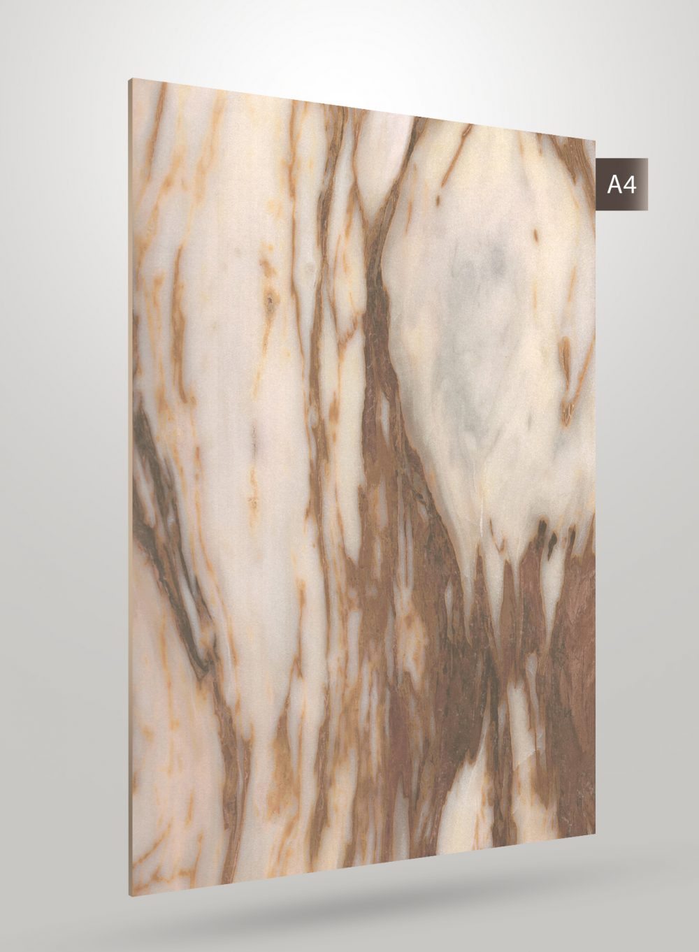 Beige marble laminate with brown veining and matte finish, showcasing a natural stone pattern and subtle texture.