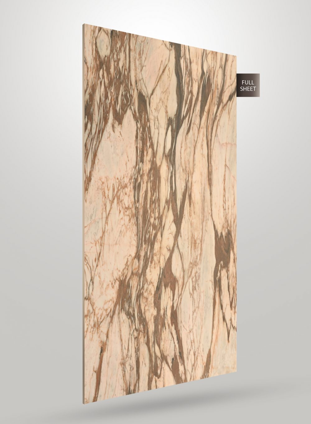 Beige marble laminate sheet with brown veining and matte finish, displayed vertically with full sheet label.