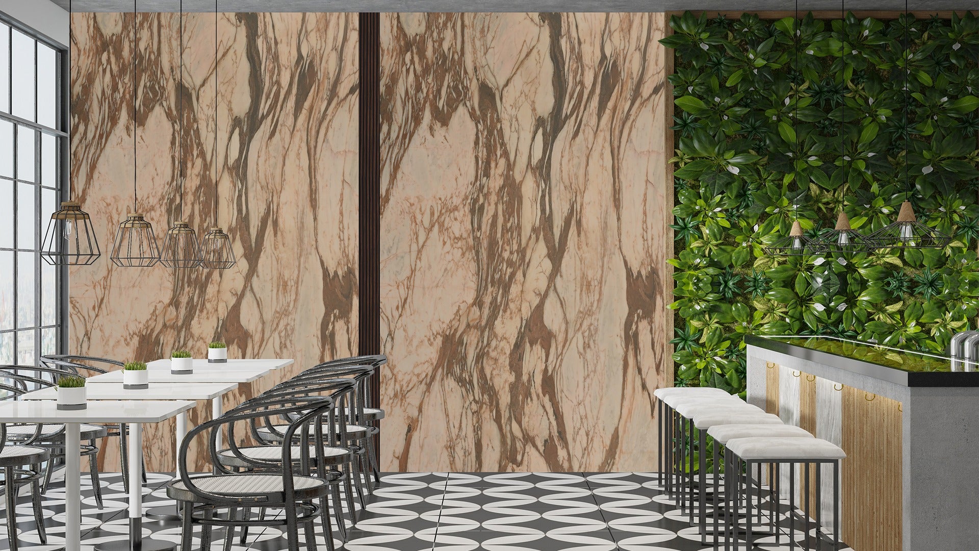 Beige marble laminate wall with brown veining in modern cafe setting with greenery and patterned floor tiles