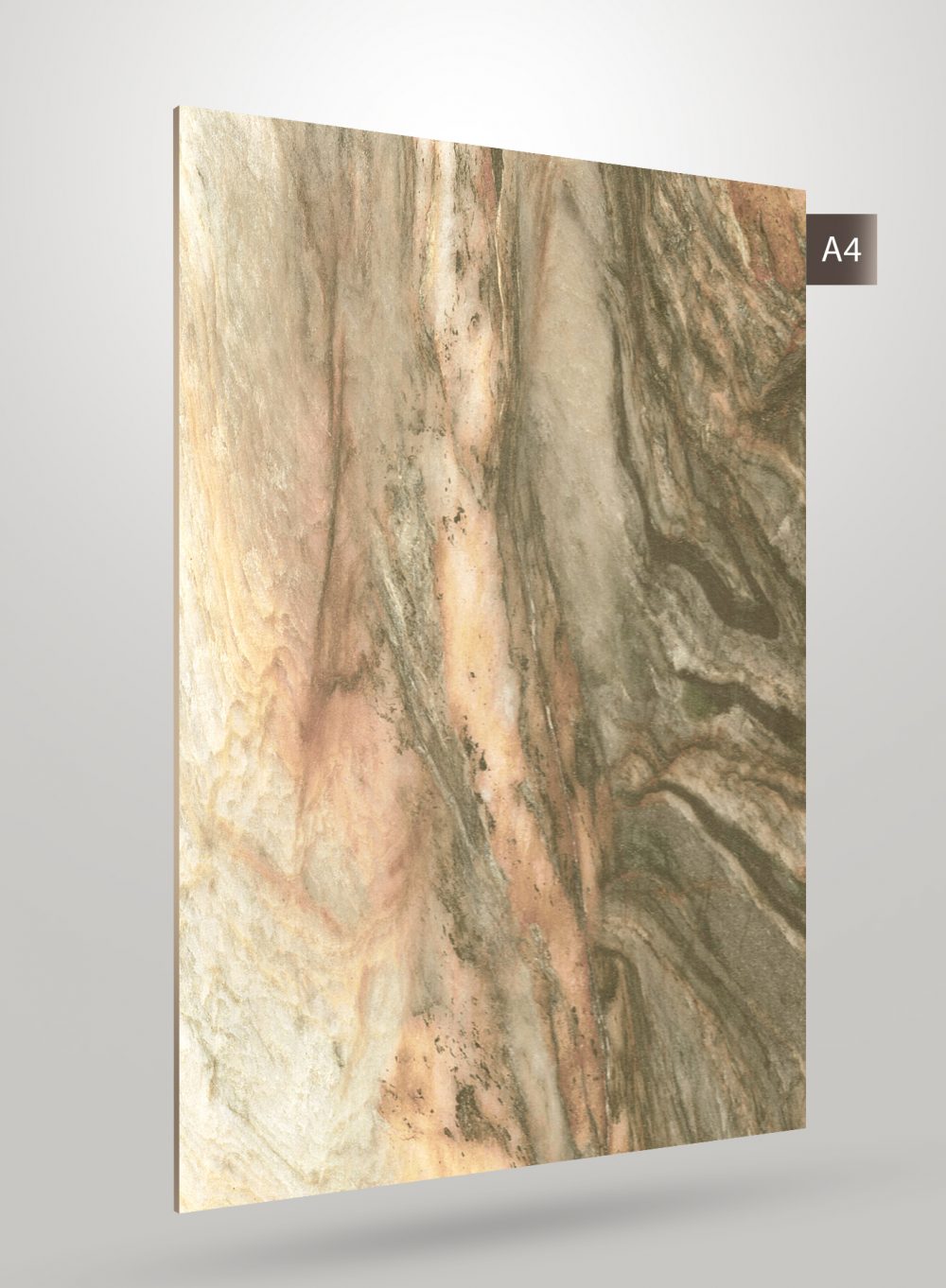 Multi-coloured marble laminate with matte finish and veined pattern, showing beige, brown and grey tones.