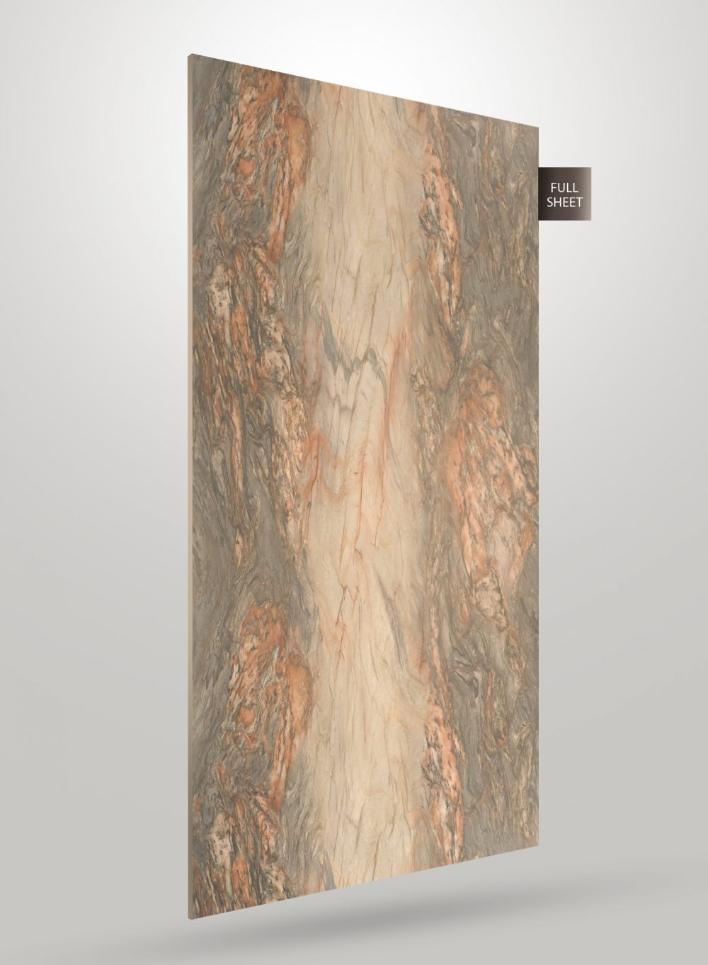 Multi-coloured marble laminate sheet with beige, orange and grey swirls, matte finish, displayed at an angle.
