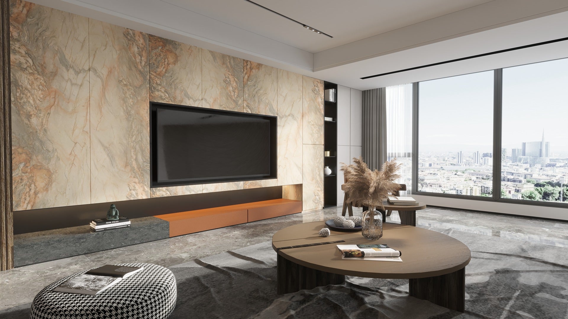 Multi-coloured marble laminate wall in modern living room with TV unit and coffee table, showing matte finish and veining