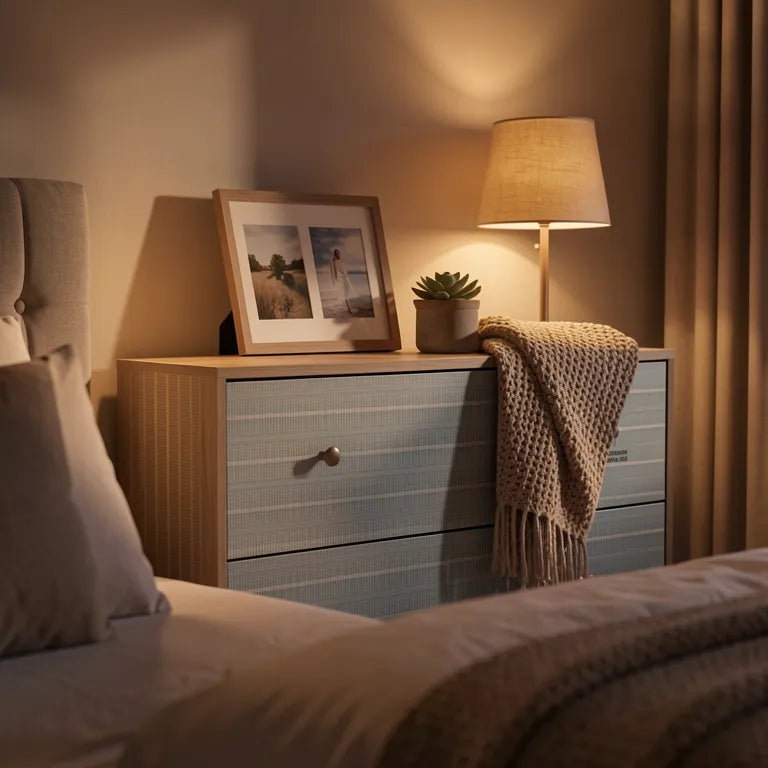 Beige laminate with blue geometric pattern and textured fabric-like finish.