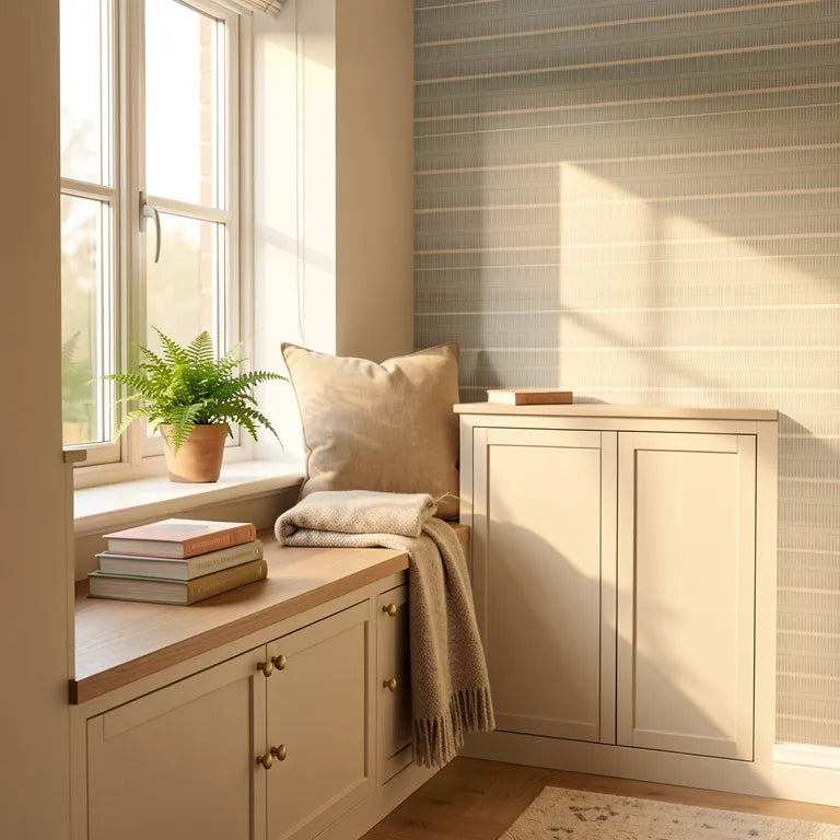 Beige laminate with blue geometric pattern and textured fabric-like finish.