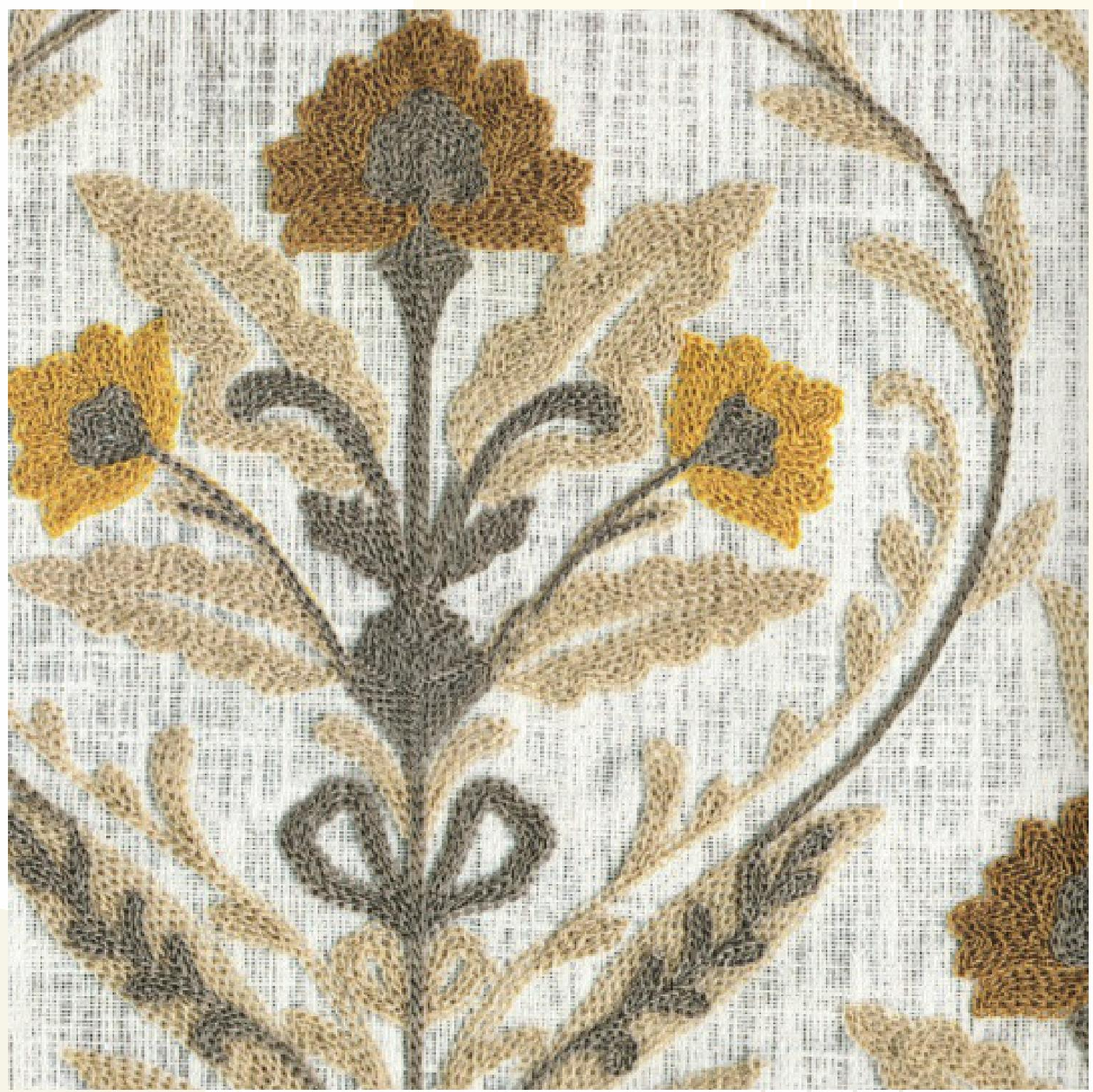 Beige laminate with embroidered floral pattern, textured finish, and visible grid grain.