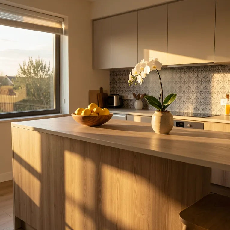 Beige laminate with embroidered floral pattern, textured finish, and visible grid grain.
