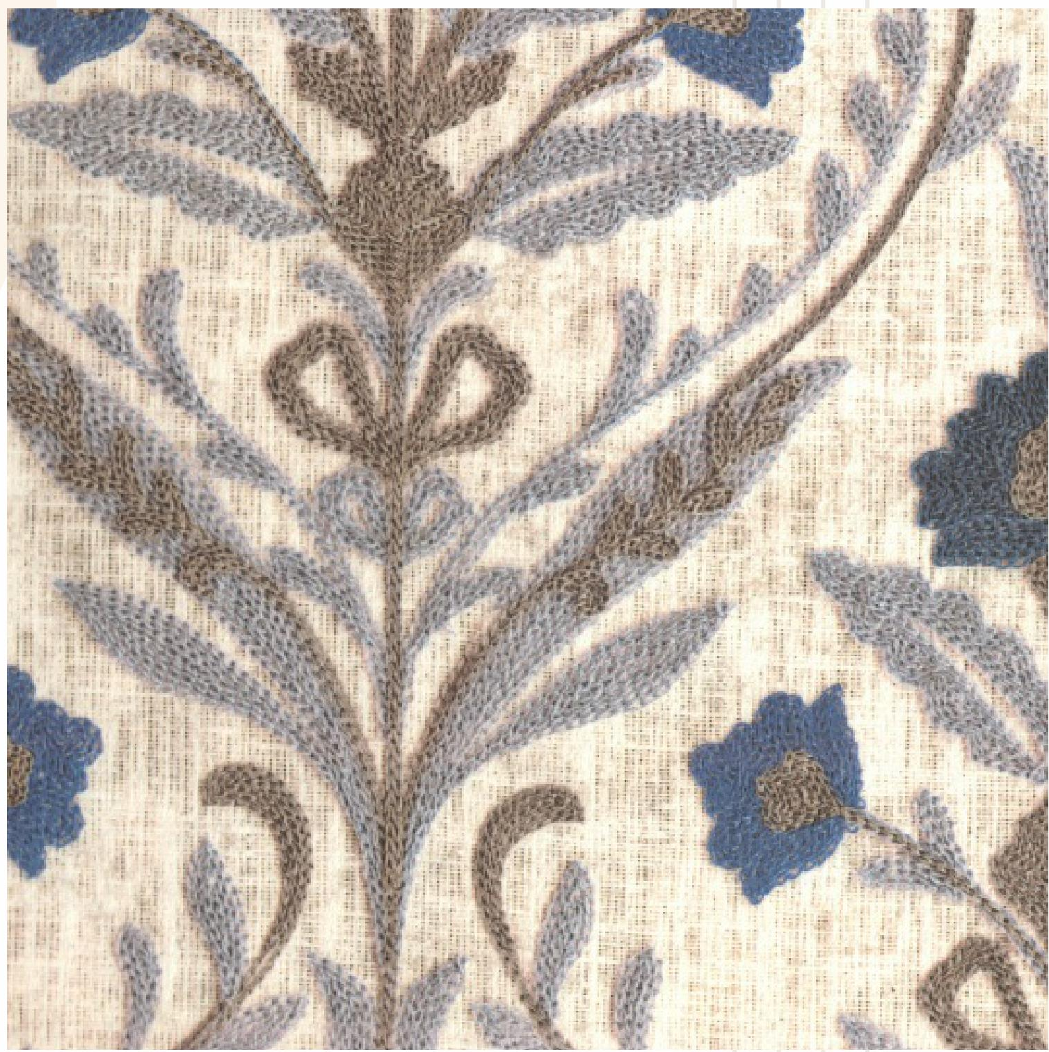 Beige laminate with blue and brown floral pattern and textured finish.