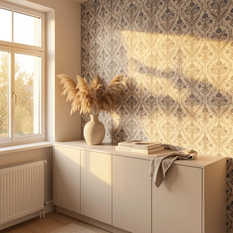 Beige laminate with blue and brown floral pattern and textured finish.