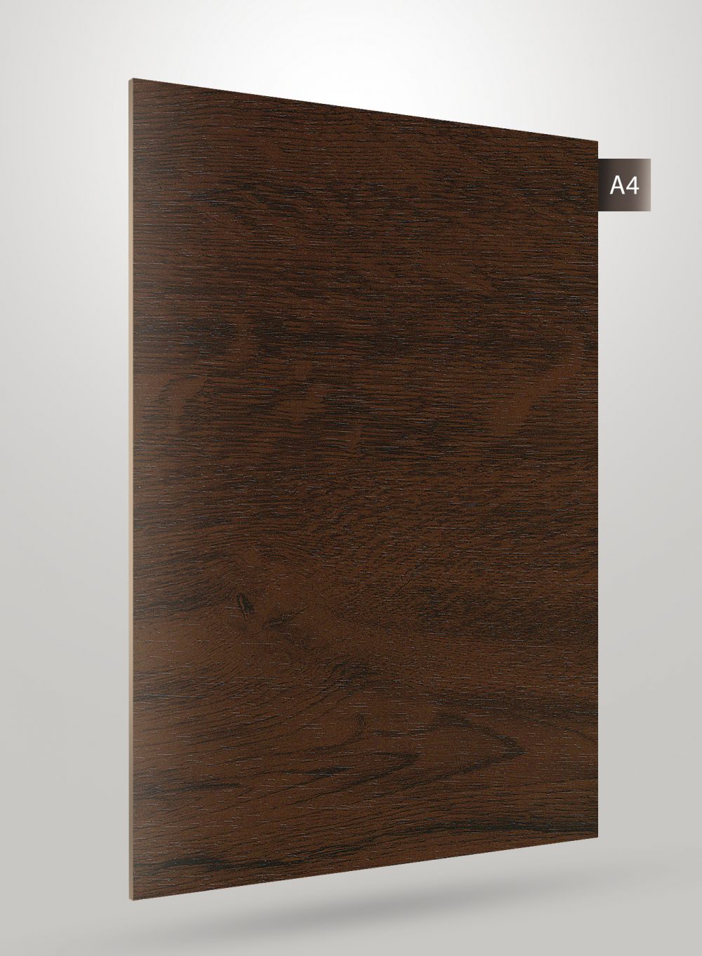 Brown wood grain decorative laminate with matte finish and visible wood texture, showing a dark brown color variation.