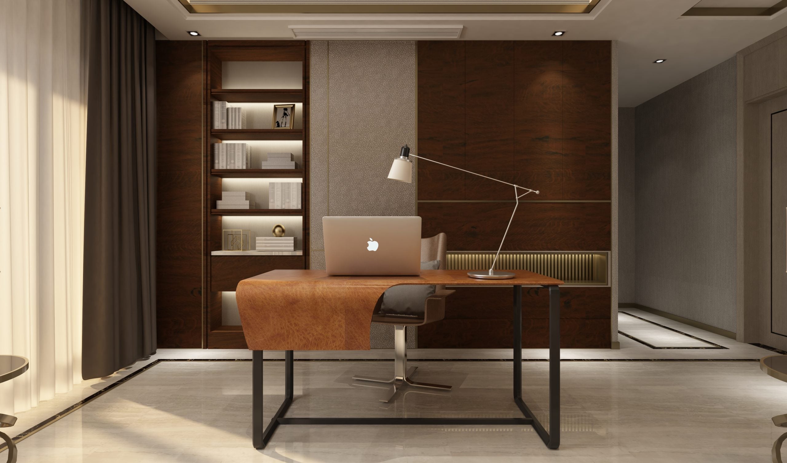 Brown wood laminate in modern office setting with matte finish and visible wood grain on desk and bookshelf surfaces