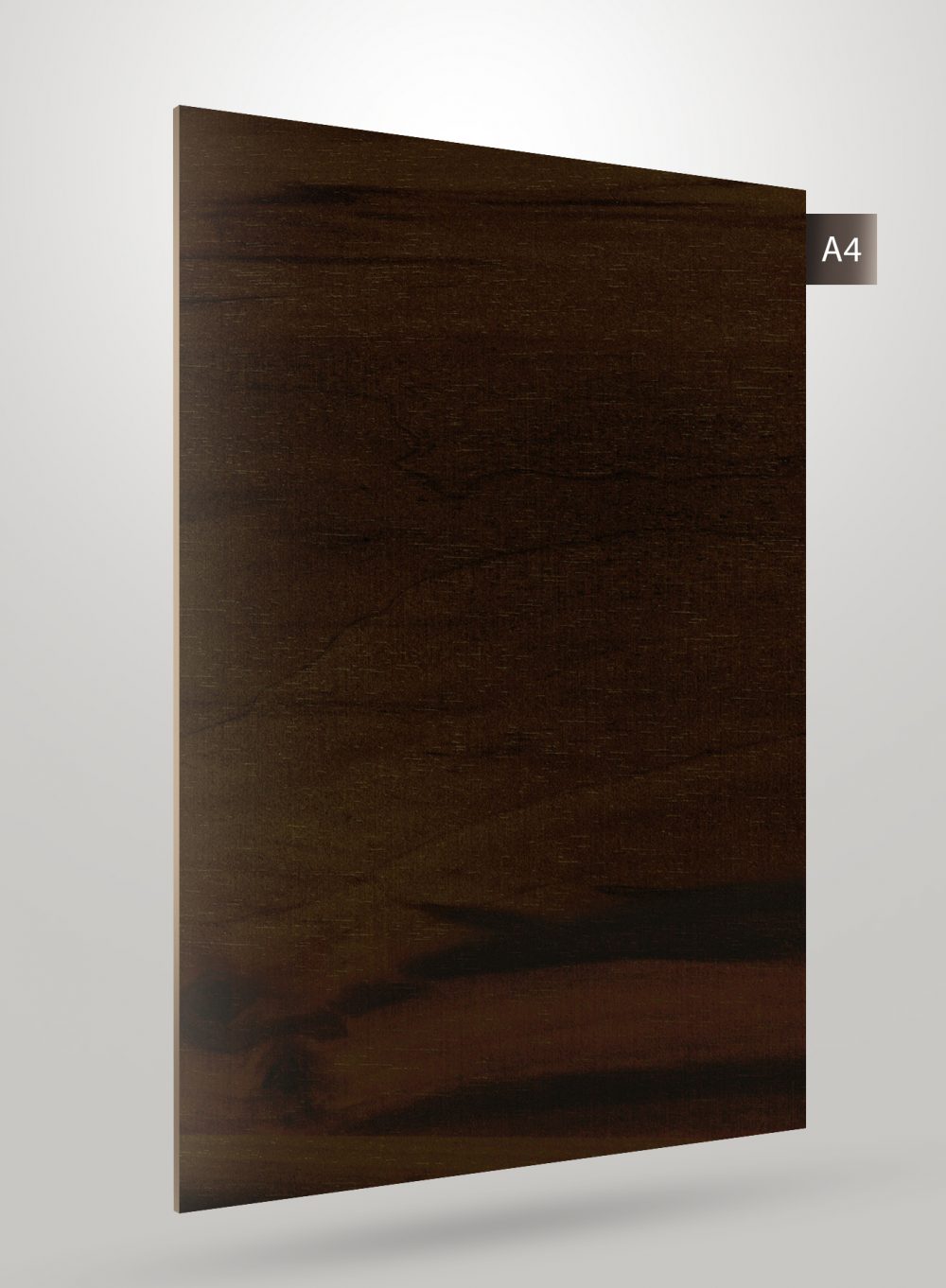 Dark brown wood grain decorative laminate with matte finish and visible wood texture and grain pattern.