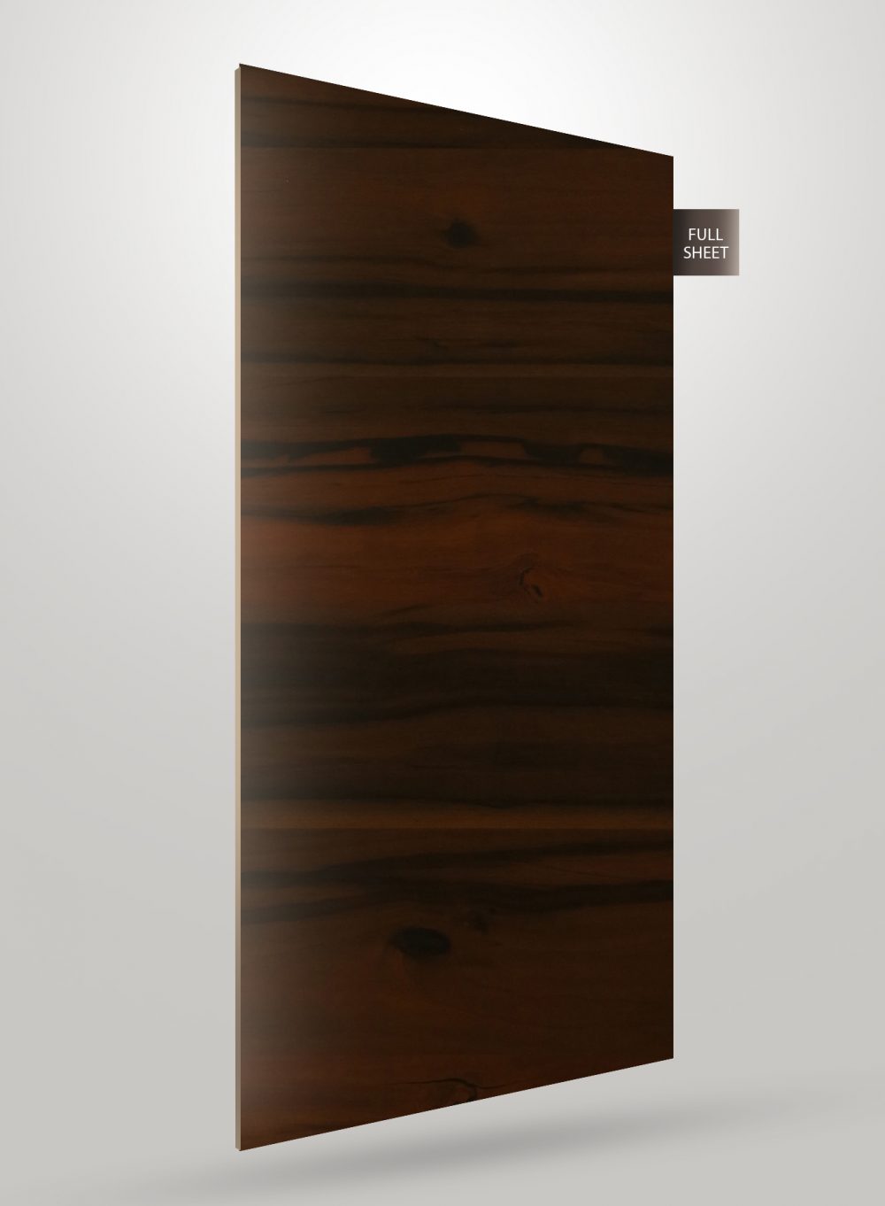 Dark brown wood grain laminate sheet with matte finish and visible wood texture and knots, labeled full sheet.