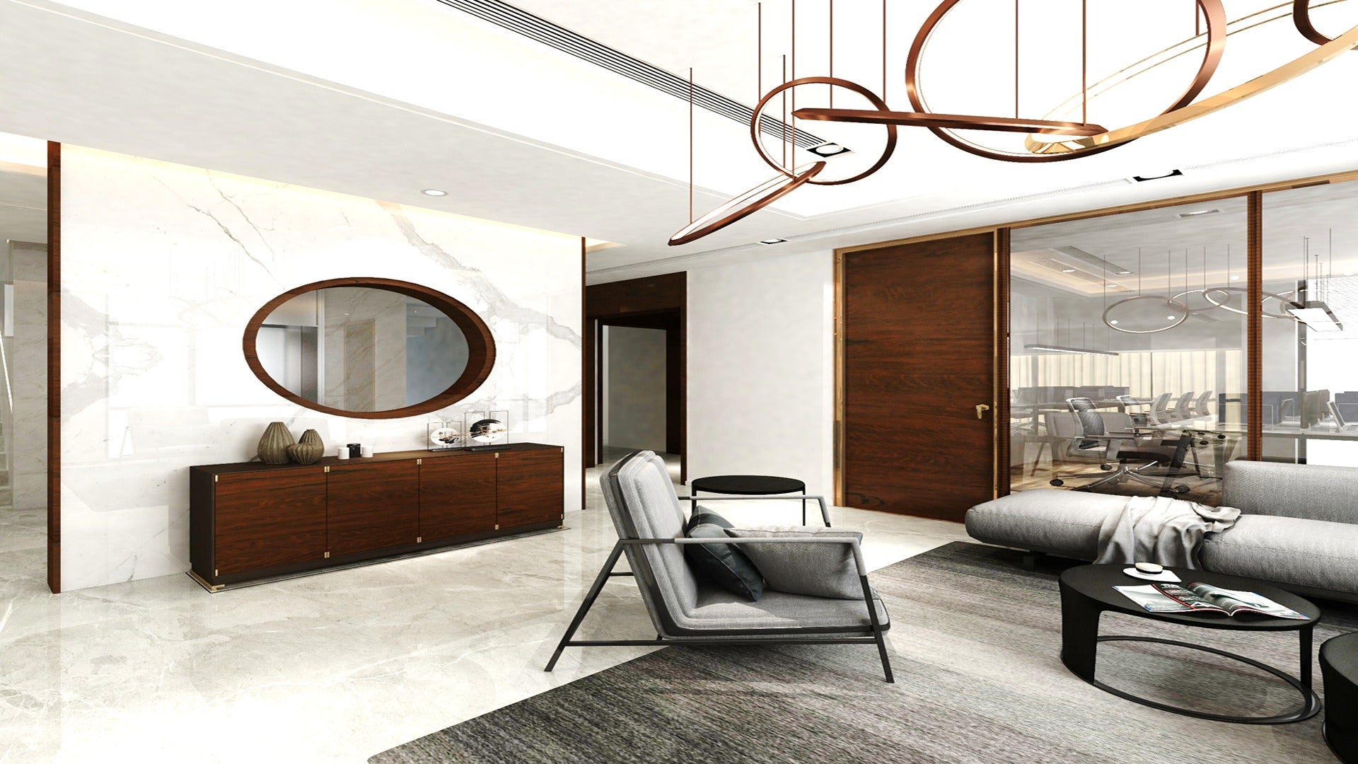 Wood laminate door and furniture in modern living room with matte finish and visible wood grain texture.