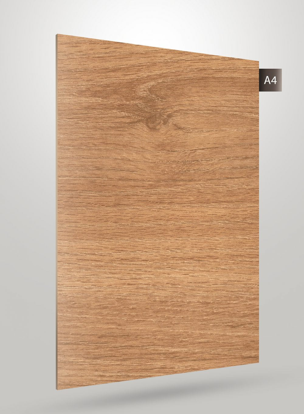 Brown wood grain decorative laminate with matte finish and visible wood texture and grain pattern on rectangular sheet.