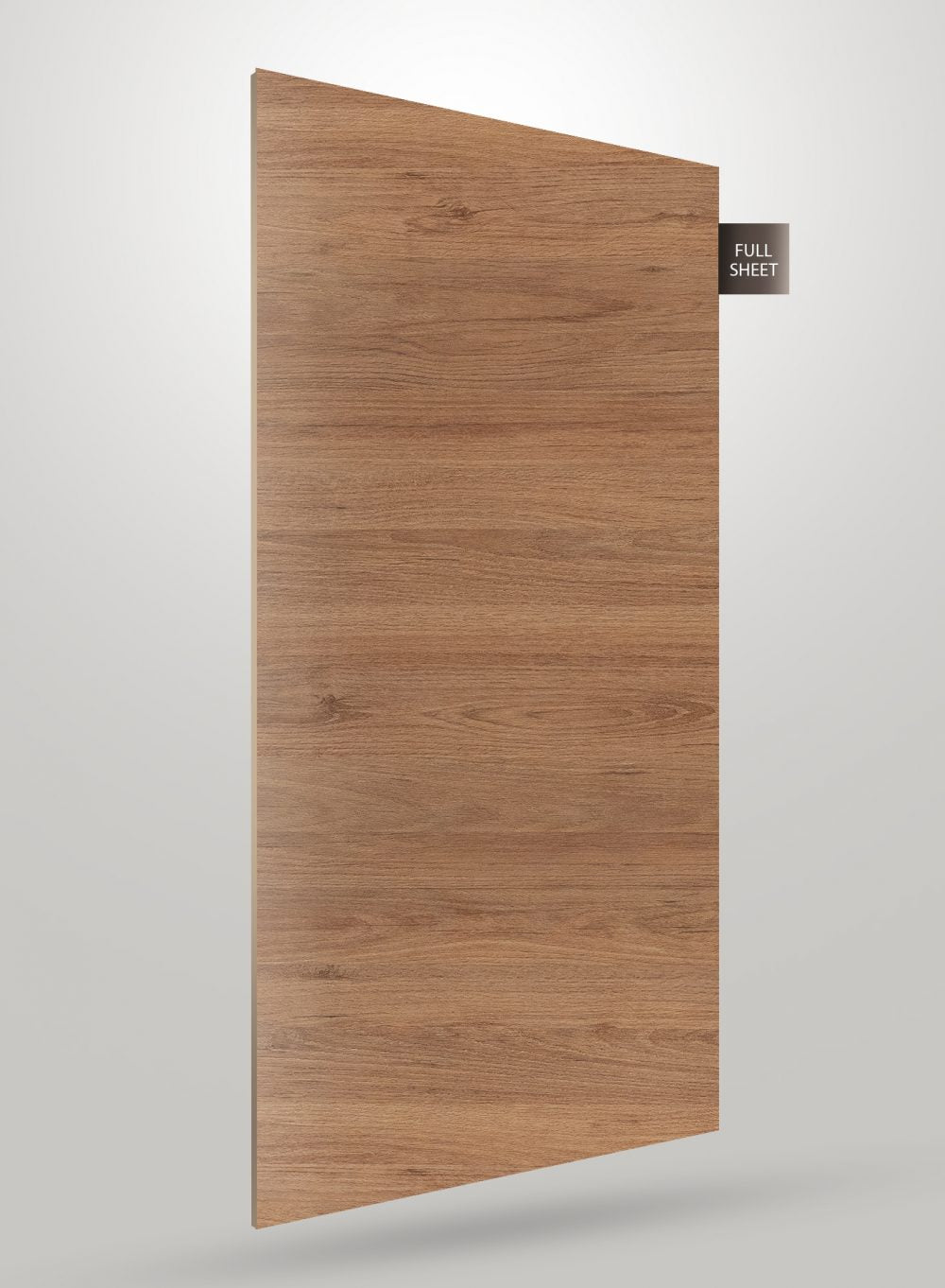 Brown wood grain decorative laminate sheet with matte finish and visible wood texture, labeled full sheet.
