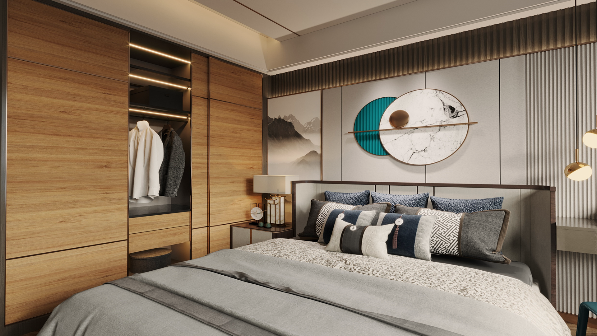 Brown wood laminate closet and bed frame in modern bedroom with textured wall and decorative circular art piece
