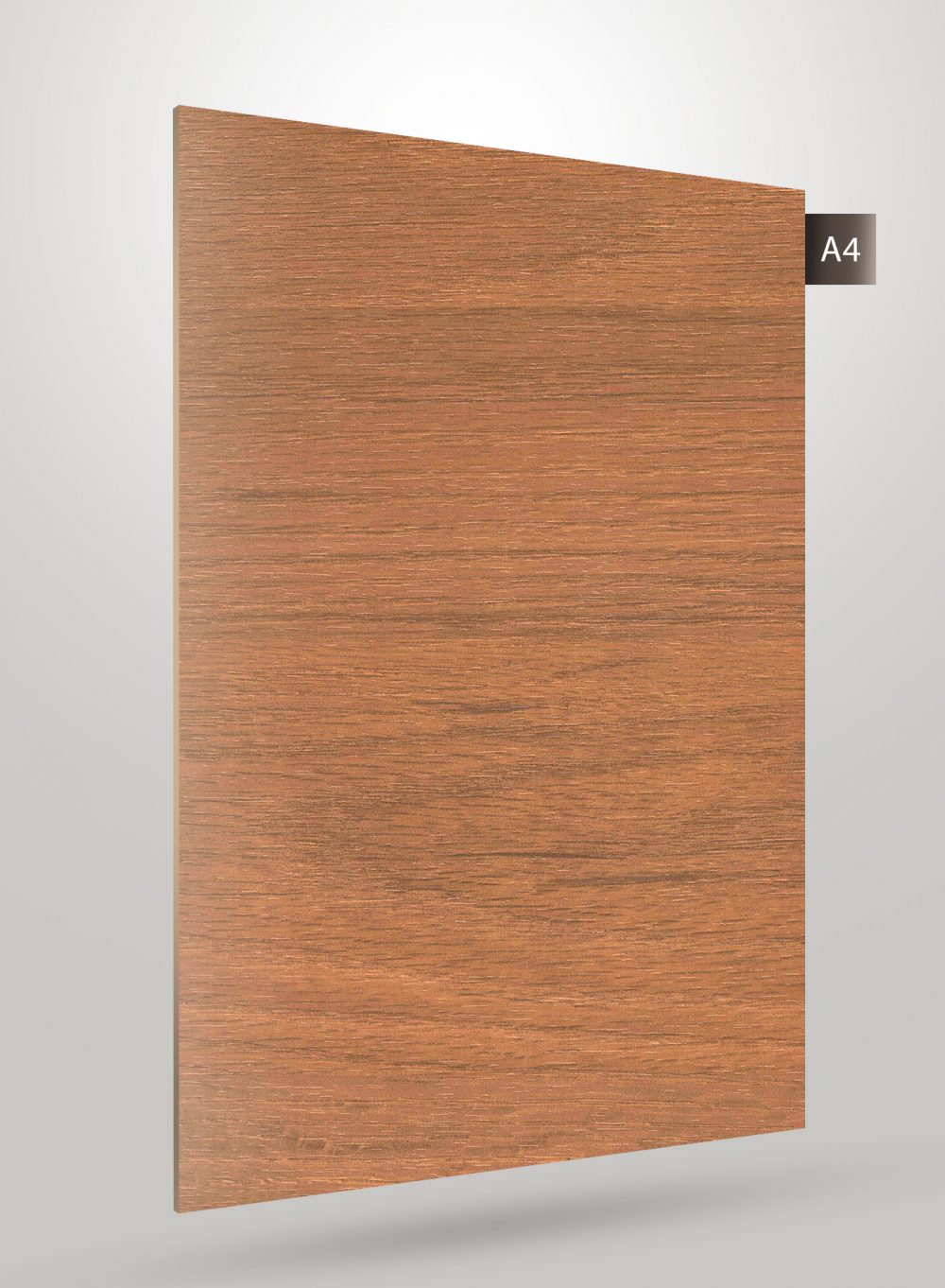 Brown wood grain decorative laminate with matte finish and horizontal texture pattern on a white background