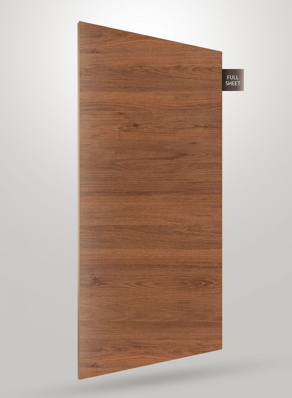 Brown wood grain decorative laminate with matte finish and visible wood texture on a full sheet.
