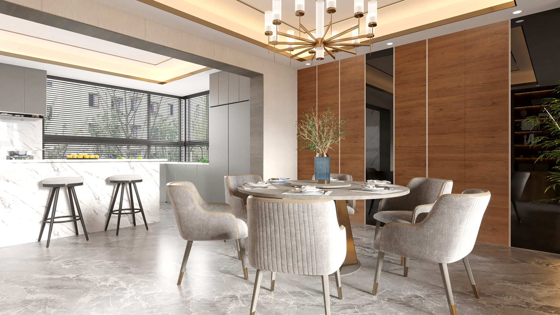 Brown wood laminate wall panel with matte finish in modern dining room interior with table and chairs