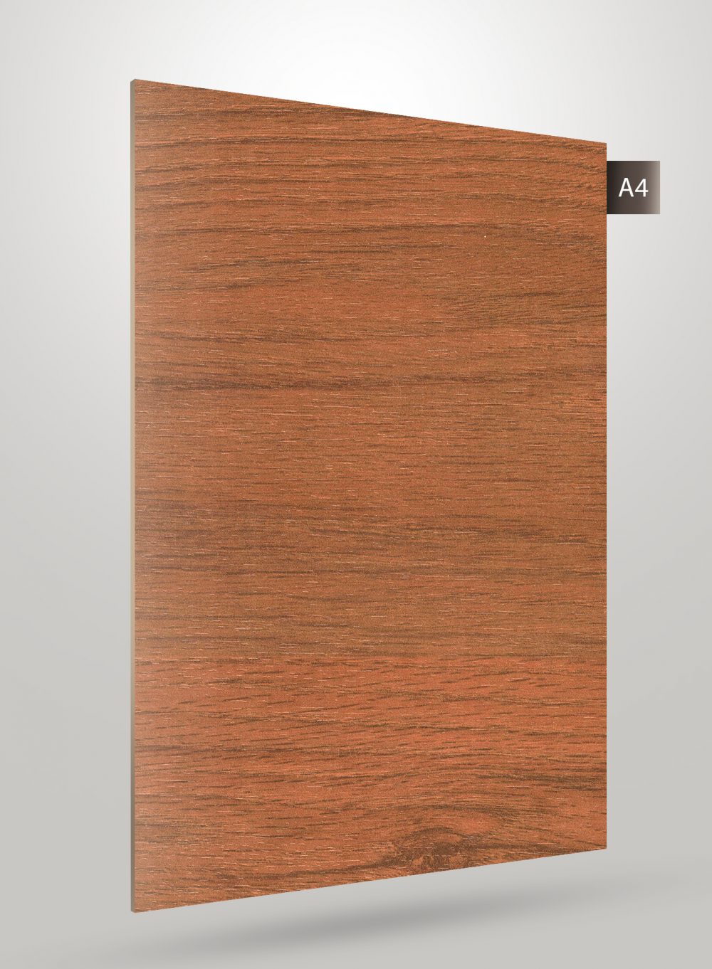 Brown wood grain decorative laminate with matte finish and visible wood texture and grain pattern on a sample sheet.