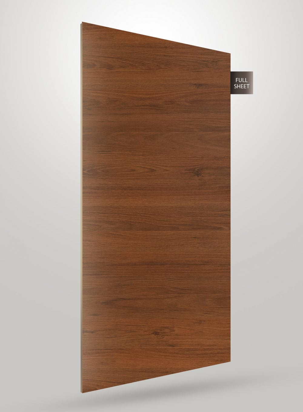 Brown wood grain decorative laminate with matte finish and visible texture, shown as a full sheet.