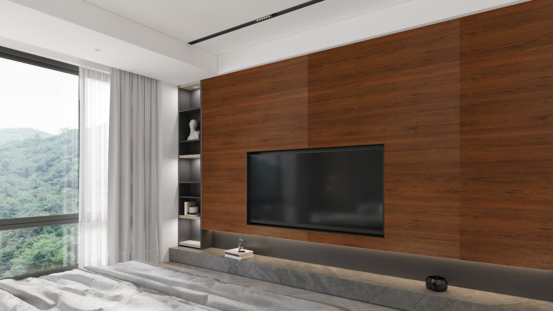 Brown wood laminate wall with matte finish and wood grain texture in a modern bedroom setting with TV and decor