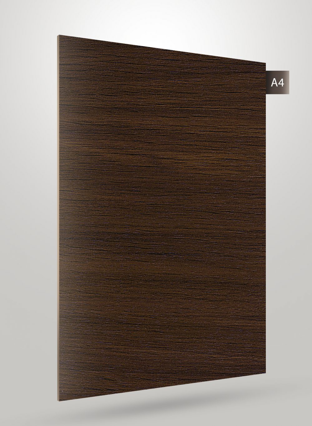Brown wood grain decorative laminate with matte finish and horizontal wood texture pattern on rectangular sheet.