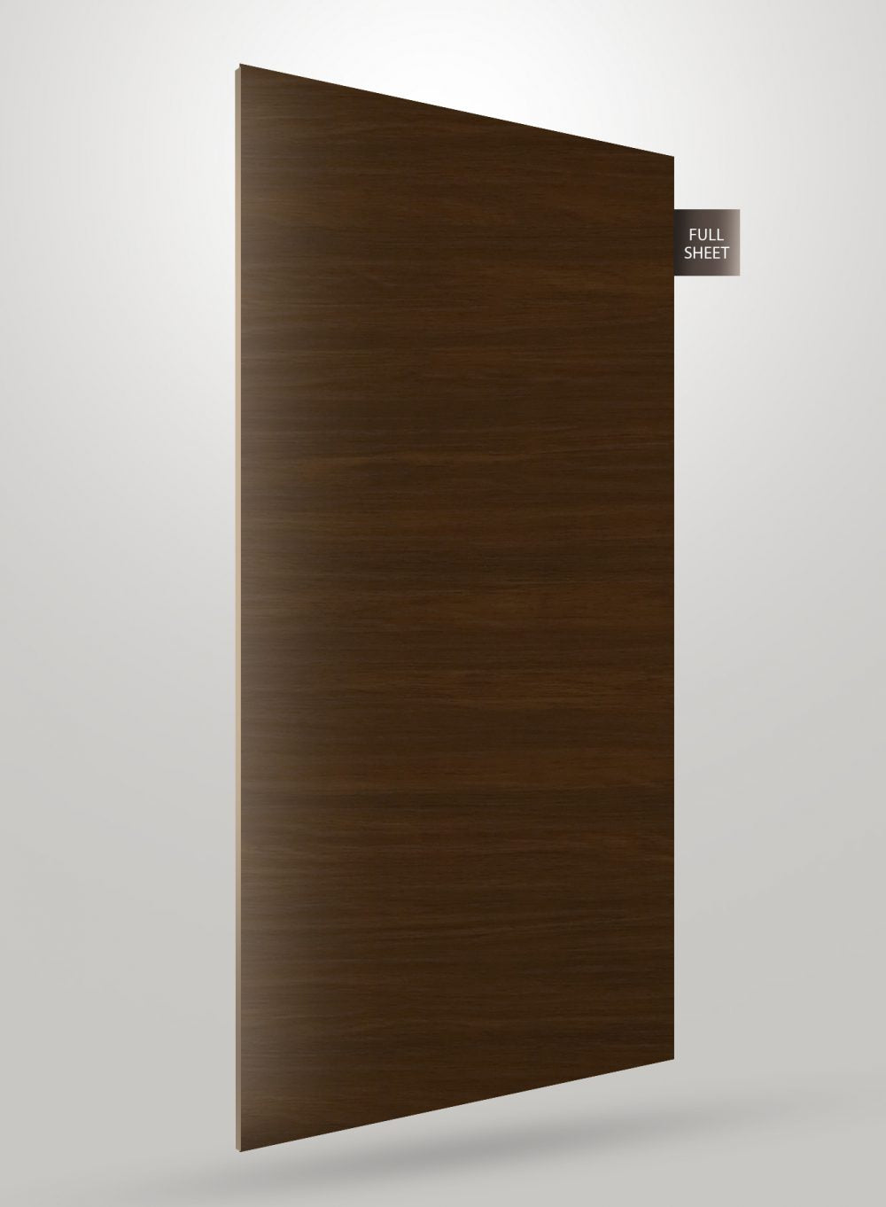 Dark brown wood laminate sheet with matte finish and visible wood grain texture, full sheet displayed upright.